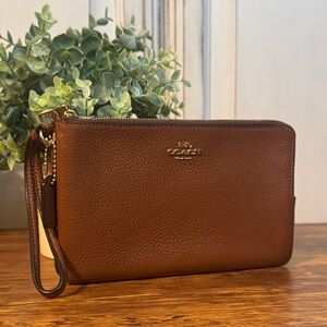 Coach Brown Pebbled Leather Double Zipper Closure Credit Card Wristlet - Wallet